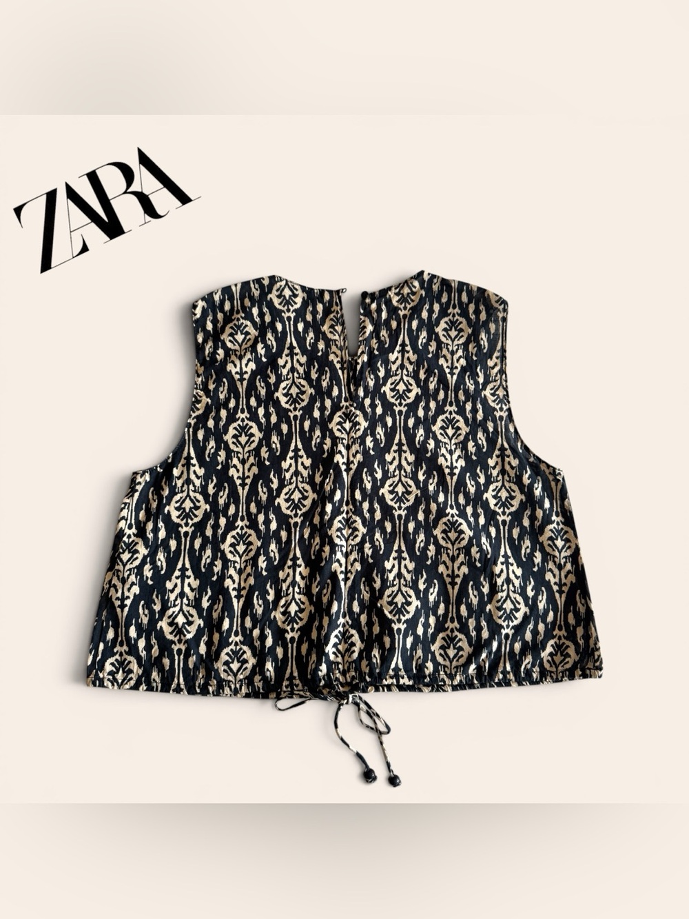🛍️SALE🛍️ Zara Navy & Beige Ikat-Print Crop Top & Wide-Leg Pants SET (2 Pieces) - Picture 4 of 13